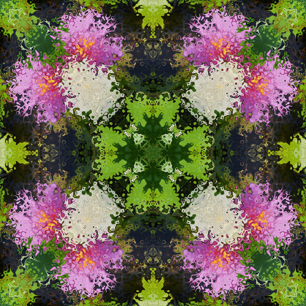 abstract background of flower pattern of a kaleidoscope. purole green background fractal mandala. abstract kaleidoscopic arabesque. geometrical ornament floral pattern - Photo, Image