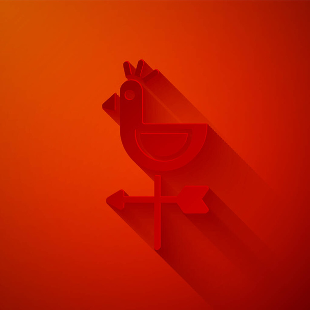 Paper cut Rooster weather vane icon isolated on red background. Weathercock sign. Windvane rooster. Paper art style. Vector Illustration. - Vector, Image