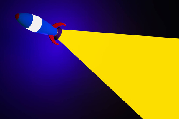 3D-Illustration einer blauen Rakete im Cartoon-Stil, die ins All rast und eine gelbe Spur auf dunkelblauem Hintergrund hinterlässt. Design, Illustration für Web-Banner, Web und Mobile, Infografik. Raumfahrtkonzept - Foto, Bild