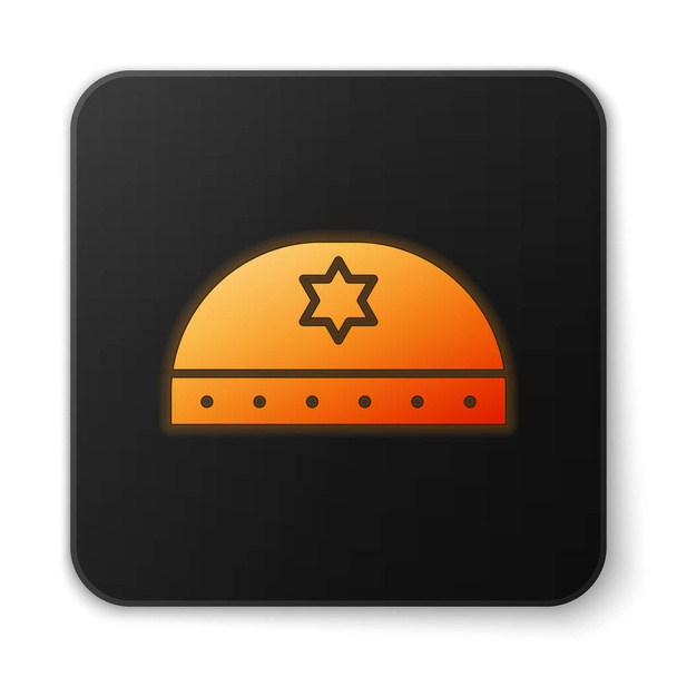 オレンジ色の輝くネオンユダヤ教のキッパー、白い背景に孤立したデビッドアイコンの星。ユダヤ人のヤルムケ帽子。黒の四角形のボタン。ベクターイラスト. - ベクター画像