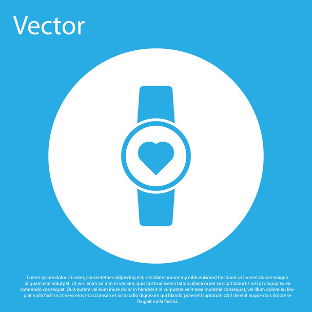 Modré Chytré hodinky zobrazující ikonu tepové frekvence izolované na modrém pozadí. Koncept Fitness App. Bílý knoflík. Vektorová ilustrace. - Vektor, obrázek