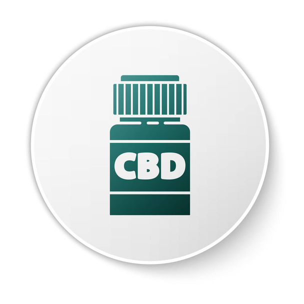 Botella Green Medical con marihuana o icono de hoja de cannabis aislado sobre fondo blanco. Simulación de extractos de aceite de cannabis en frascos. Botón círculo blanco. Ilustración vectorial. - Vector, Imagen