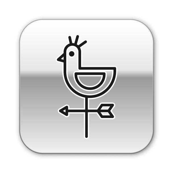 Black line Rooster weather vane icon isolated on white background. Weathercock sign. Windvane rooster. Silver square button. Vector Illustration. - Vector, Image