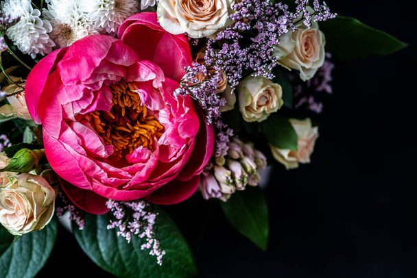 Beautiful bouquet of peonies. Moody flower. Bright flower background.  - Fotoğraf, Görsel