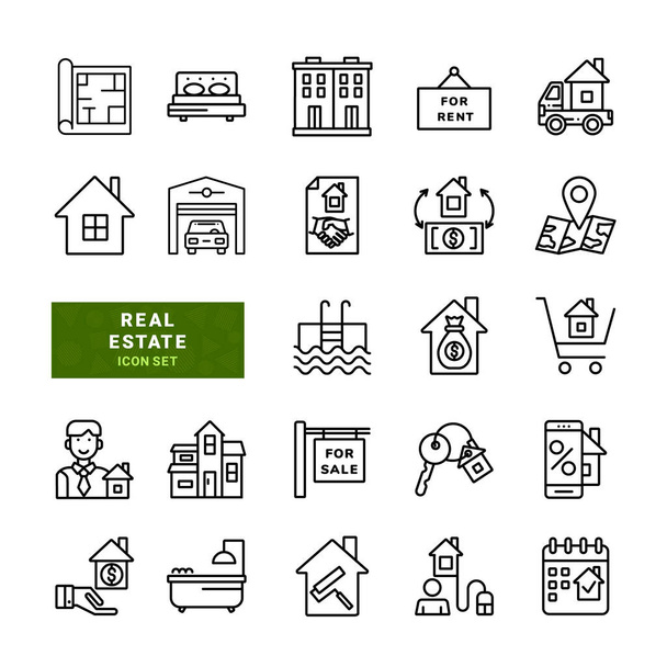 Real Estate Related Ícones de linha vetorial simples. Incluído os ícones como Mapa, Realty, quartos, propriedade, área, hipoteca e muito mais. Ilustração vetorial
. - Vetor, Imagem