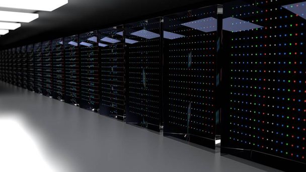 Servidores. Bastidores de servidores en el centro de datos de la nube del servidor. Clúster de hardware del centro de datos. Copia de seguridad, alojamiento, mainframe, granja y estante de la computadora con información de almacenamiento. Representación 3D. Ilustración 3D
 - Foto, imagen