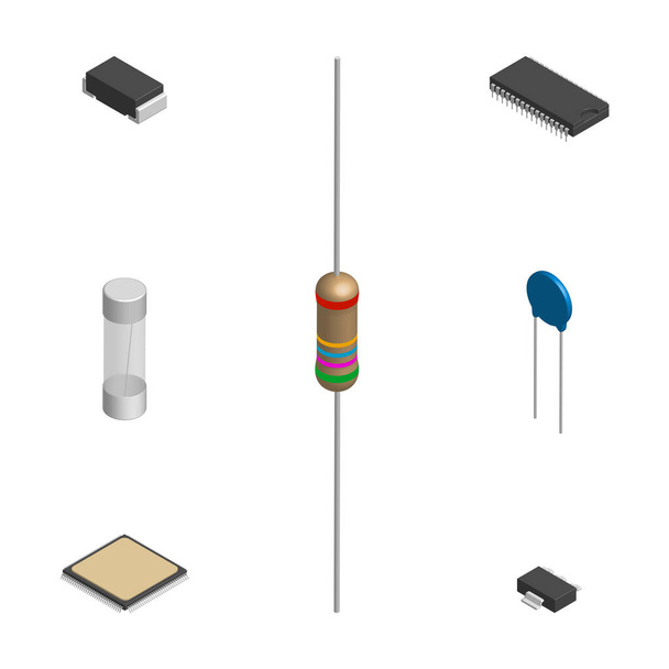 Set van verschillende actieve en passieve elektronische componenten geïsoleerd op witte achtergrond. Weerstand, condensator, diode, microkring, zekering en knop. 3D isometrische stijl, vectorillustratie. - Vector, afbeelding