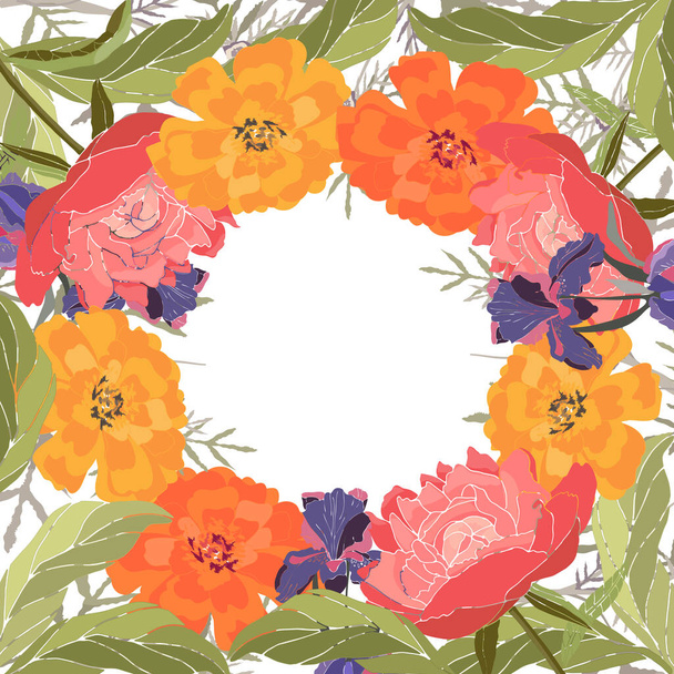 Vector floral frame, card. Peonies, irises, marigolds, tagetes. - Вектор,изображение