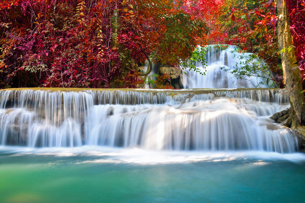 Удивительная природа, красивый водопад у цветного осеннего леса в осенний сезон  - Фото, изображение