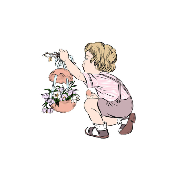  Vrolijk Pasen. Jongen houdt paaseieren met bloemen.  - Vector, afbeelding