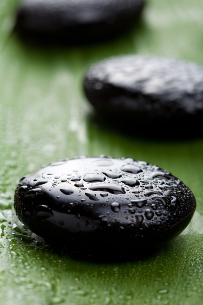 Black spa stones over leaf - Fotoğraf, Görsel