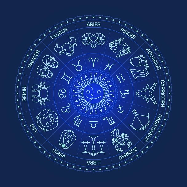Zodiac szimbólum kör, minimális rajzfilm stílus, fehér vonal sötét háttér. - Vektor, kép