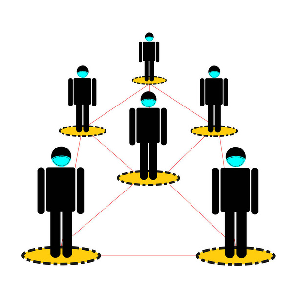 Social distancing vector illustration - unrecognizable people inside a circle, wearing mask and keeping 2 m / 6 ft recommended social distance. resources for covid-19 social measures. Stop spreading virus, wear mask and practice social distancing. - Vector, Image