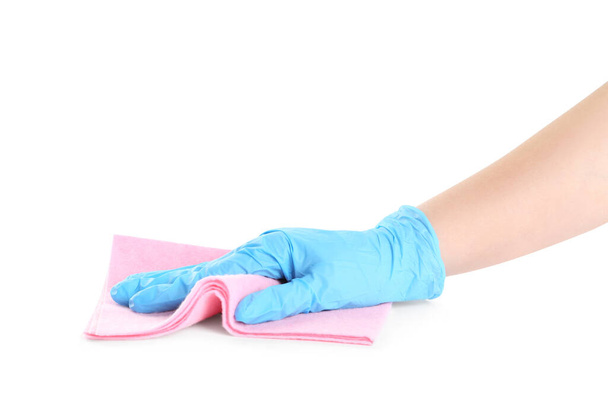 Woman in blue latex gloves with rag on white background, closeup of hand - Foto, immagini