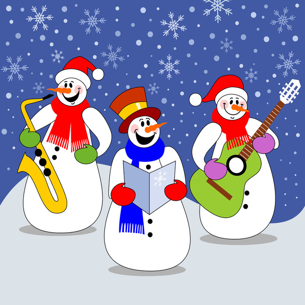 Three snowman band playing christmas music - Vector, Image