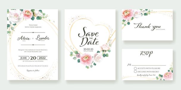 Conjunto de Invitación floral de la boda, guardar la fecha, gracias, tarjeta rsvp Plantilla de diseño. Vector
. - Vector, imagen