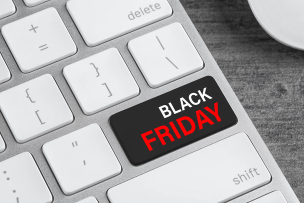 Computer keyboard with Black Friday button, closeup. Online shopping  - 写真・画像