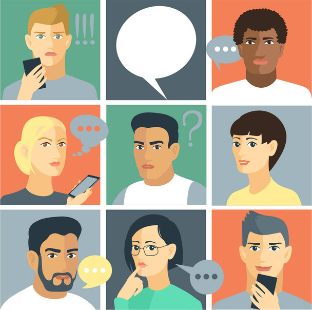 Vector illustration. Square dialog boxes with avatars of men and women who discuss social networks, news. Communication concept. With chat speech bubbles. - Vector, Image
