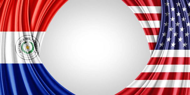 Paraguay und amerikanische Seidenfahne mit Copyspace für Ihren Text oder Ihre Bilder und weißem Hintergrund - 3D-Illustration - Foto, Bild