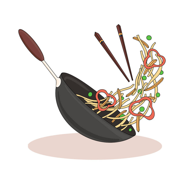 Asia comida rápida vector ilustración de dibujos animados. Fideos chinos en sartén wok, pimiento, guisantes, zanahoria ilustración dibujada a mano
. - Vector, imagen