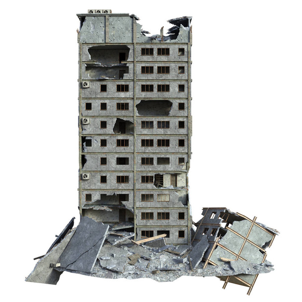 3D Rendered Ruined Modern Building Geïsoleerd op witte achtergrond - 3D Illustratie - Foto, afbeelding