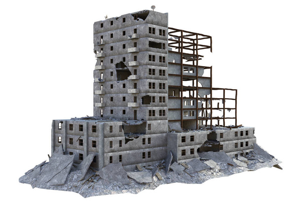 Разрушенное современное здание в 3D на белом фоне - 3D
 - Фото, изображение