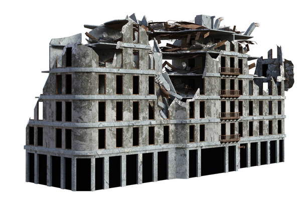 Edificio moderno rovinato in rovina reso 3D isolato su sfondo bianco - Illustrazione 3D - Foto, immagini
