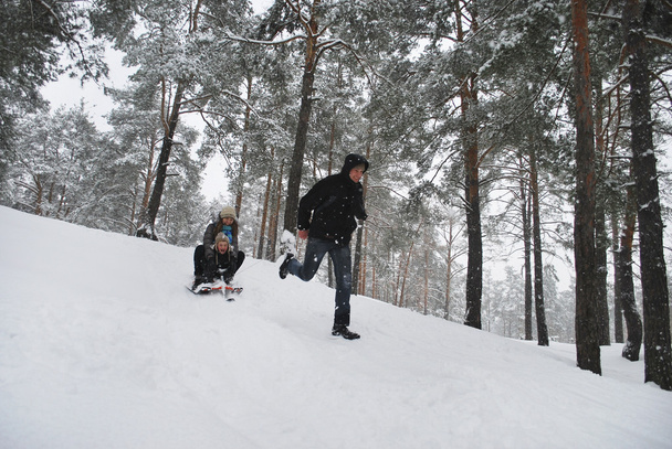 Famille en promenade dans une forêt enneigée d'hiver
. - Photo, image