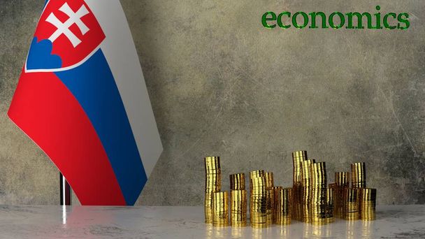 Купи золотих монет на мармуровому столі на тлі прапора Словаччини. 3D візуалізація - Фото, зображення