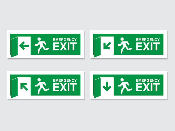 Señal verde de salida de emergencia. Señal de salida de incendios, símbolo de puerta de emergencia, icono de evacuación. ilustración del vector de señalización pública
 - Vector, imagen