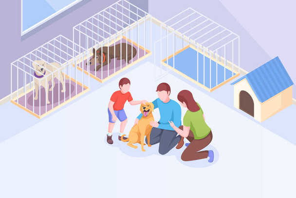 Lemmikkieläinten adoptio, perhe leikkii koiran kanssa eläinsuojassa - Vektori, kuva