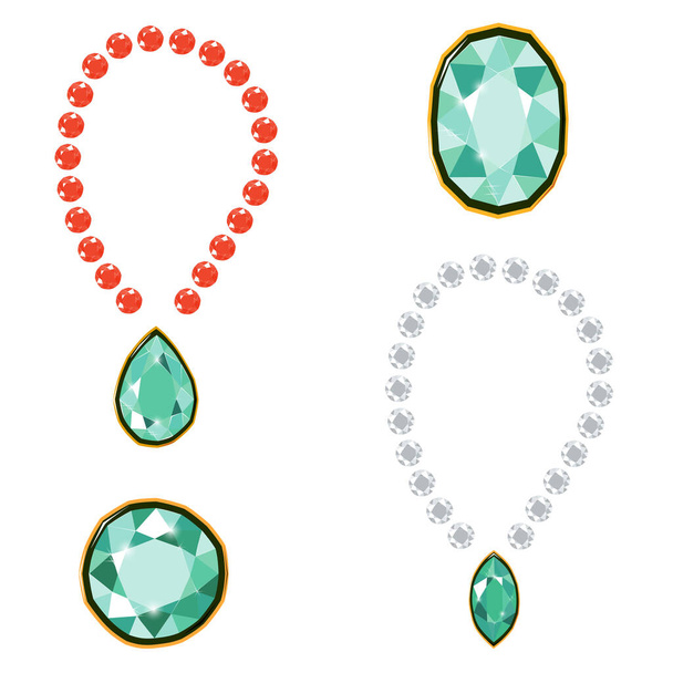 Phantasie intensiven grünen, rubinroten und weißen Diamanten Halskette isoliert auf weißem Hintergrund. Vector Illustration Juwelen oder Edelsteine mit edlen Diamanten besetzt. Diamanten gesetzt. - Vektor, Bild