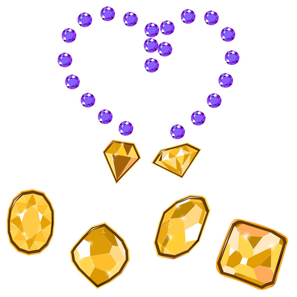 Fantasia vivida collana di gemme di diamanti lilla e giallo isolato su sfondo bianco. Gioielli illustrazione vettoriale o diamanti preziosi gemma incastonata. Diamanti incastonati. - Vettoriali, immagini