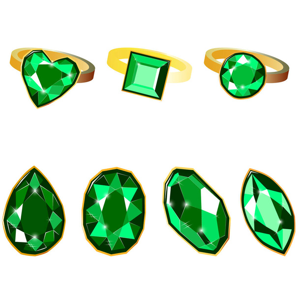 Lust auf lebendige smaragdgrüne Diamantensteine und goldene Ringe auf weißem Hintergrund. Vector Illustration Juwelen oder Edelsteine mit edlen Diamanten besetzt. Diamanten gesetzt. - Vektor, Bild
