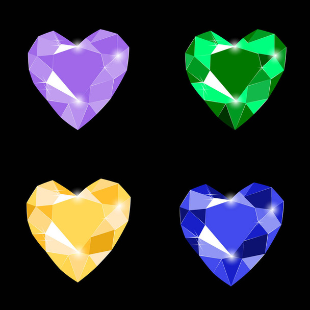 Fantasia vivido lilla, smeraldo, giallo e blu a forma di cuore diamante gemme isolate su sfondo nero. Gioielli illustrazione vettoriale o diamanti preziosi gemma incastonata. Diamanti incastonati. - Vettoriali, immagini