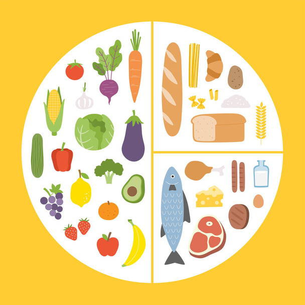 Zdrowe wskazówki żywieniowe. Infograficzny wykres bilansu pokarmowego z odpowiednimi proporcjami żywieniowymi. Zaplanuj posiłek. Zdrowa zrównoważona żywność i koncepcja diety. - Wektor, obraz