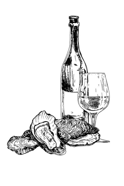 Bottle of wine, oysters and glass - Vector, Image