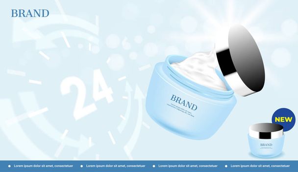 Anti aging cosmetic ads. Opened nourishing cream with clock icon - Vector, Image