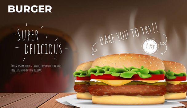 Burger reklám. Burger az asztalon és sötét háttér - Vektor, kép