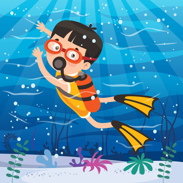 Little Cartoon Character Diving In The Ocean - Vector, Image