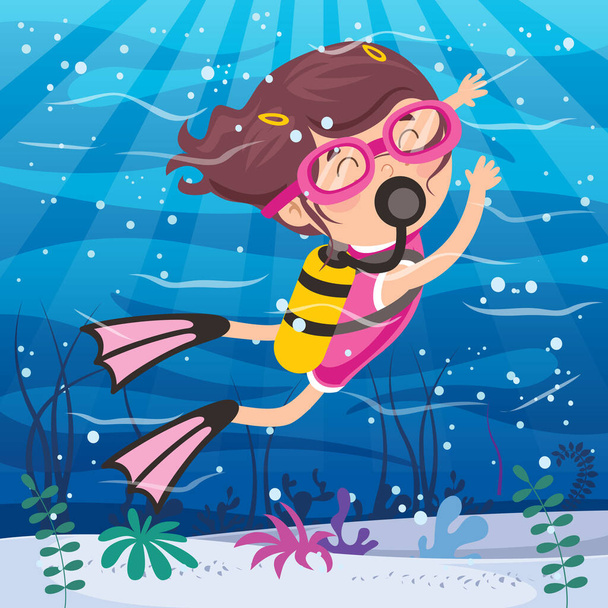 Pequeno personagem de desenhos animados Mergulho no oceano
 - Vetor, Imagem