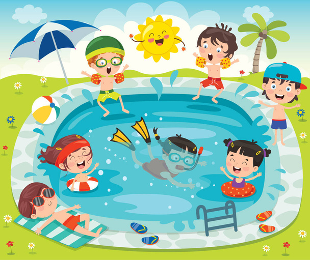 Komik Çocuklar ve Yüzme Havuzu - Vektör, Görsel