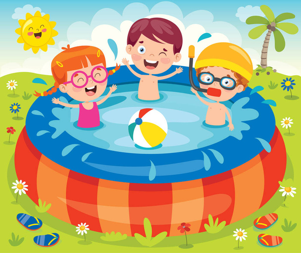 Crianças nadando em uma piscina inflável
 - Vetor, Imagem