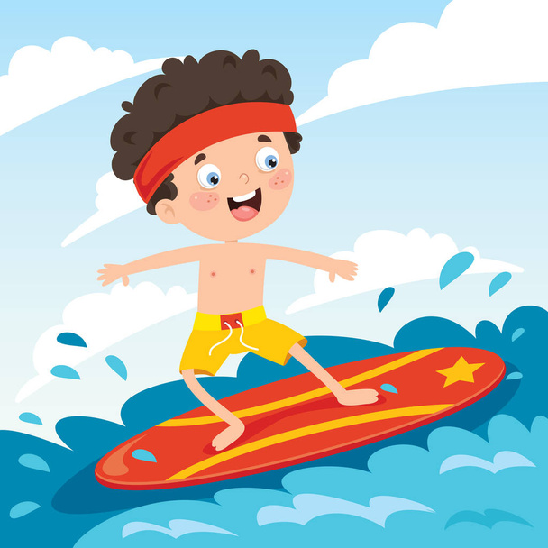Happy Cartoon Character Surfing na morzu - Wektor, obraz