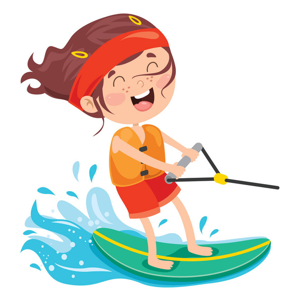 Boldog rajzfilm karakter szörfözés a tengeren - Vektor, kép