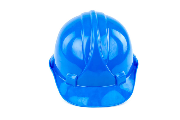 Niebieski plastikowy kask bezpieczeństwa izolowany na białym tle - Zdjęcie, obraz