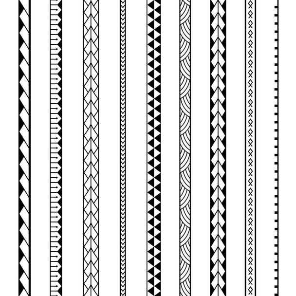 Zestaw wektorowych etnicznych szablonów w maoryskim stylu tatuażu. Granica geometryczna z dekoracyjnymi elementami etnicznymi. Pionowy wzór. Projekt dekoracji wnętrz, papier pakowy, tkanina, dywan, tekstylia, pokrywa - Wektor, obraz