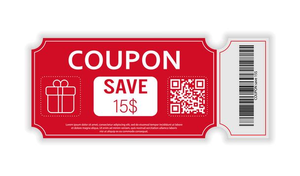 Coupon with real barcode and QR code for 15 percent off sale for stores, trade and business. Simple design - Vettoriali, immagini