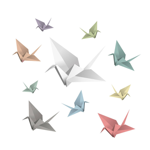 Ilustración de grúa de origami, símbolo tradicional en Japón, iconos coloridos de pájaros plegados de papel sobre fondo blanco
 - Vector, imagen