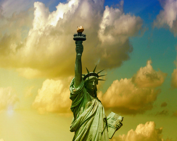 Colors of dusk behind Statue of Liberty - New York - Photo, Image